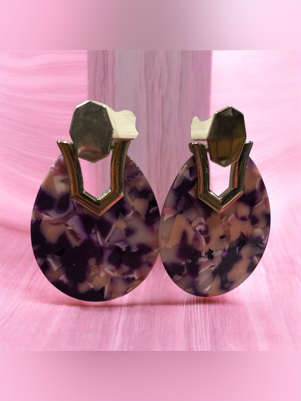 Purple Tortoiseshell Teardrop Statement Earrings with Silver Accents